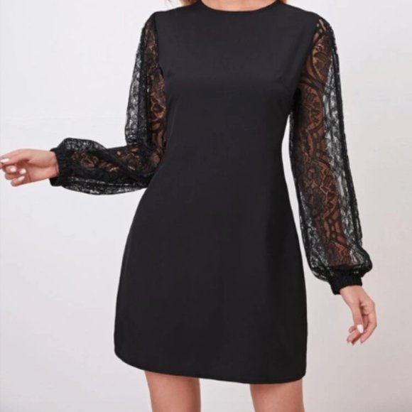 Black Lace Bishop Sleeve Dress NWOT - Picture 2 of 7